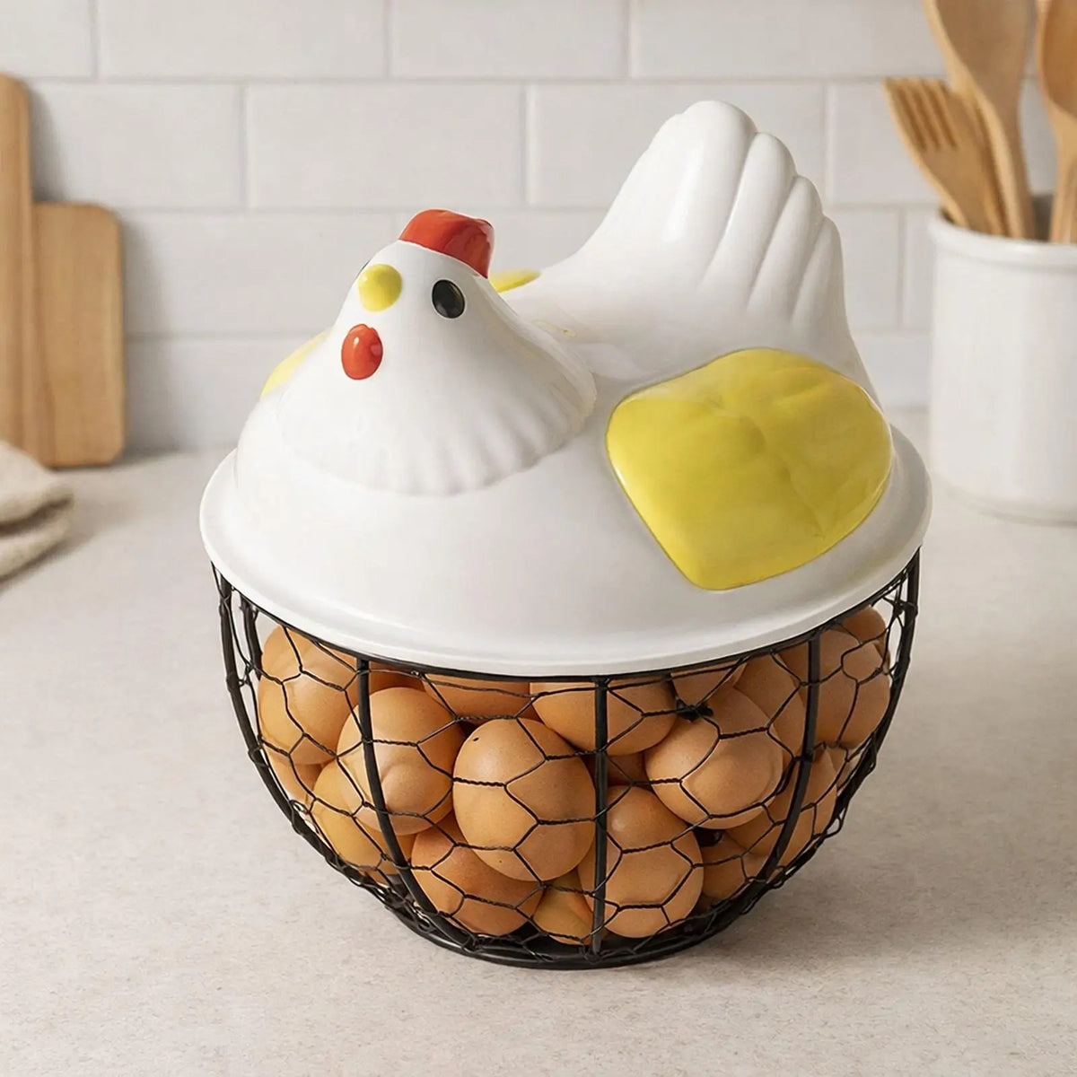 Hen-Shaped Egg Storage Basket with Decorative Lid
