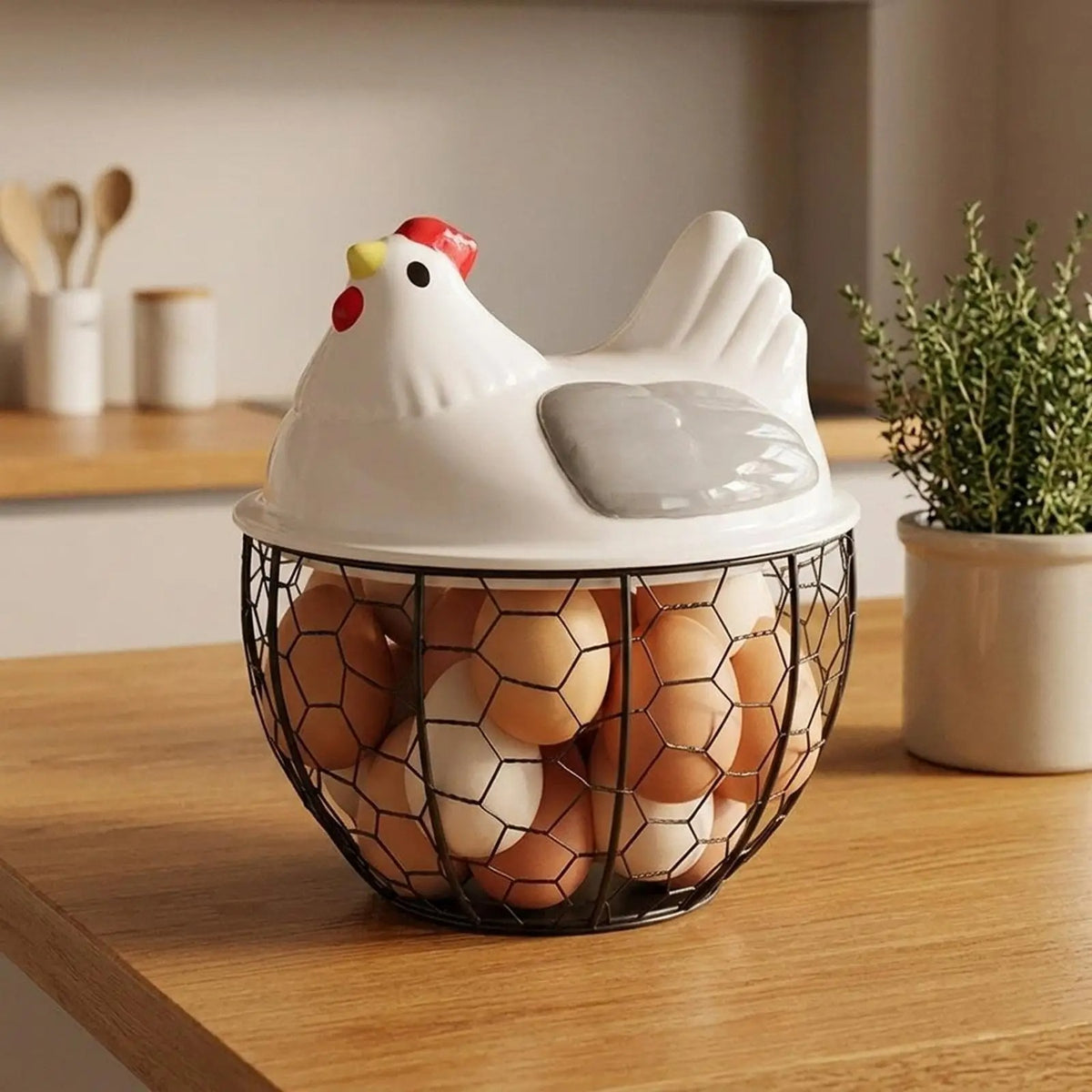 Hen-Shaped Egg Storage Basket with Decorative Lid